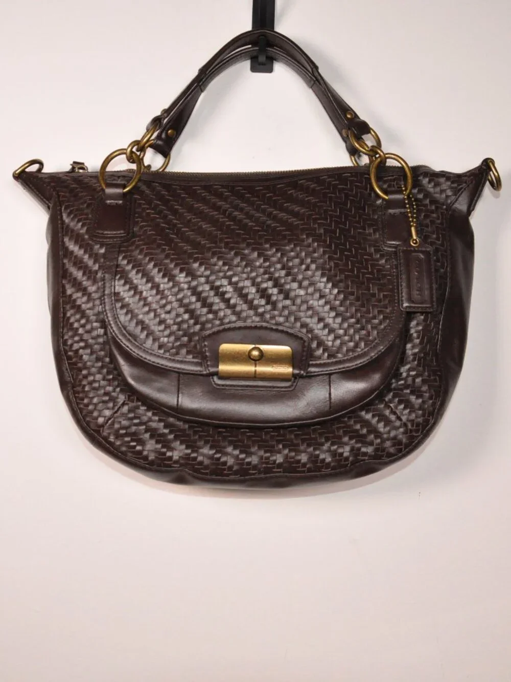 Coach F23048 Kristin Woven Leather Satchel Tan Brown Shoulder Bag